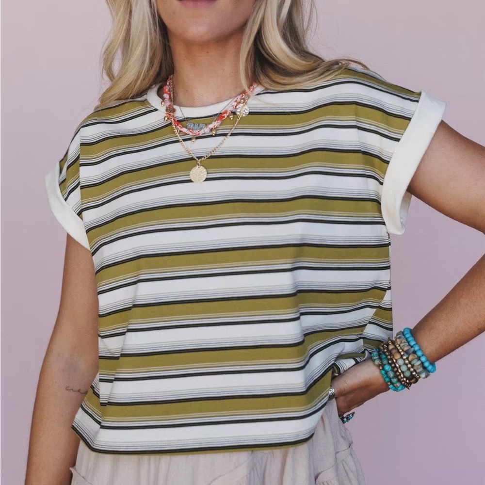 NWOT- Striped Olive and White All Day Cool Striped Top